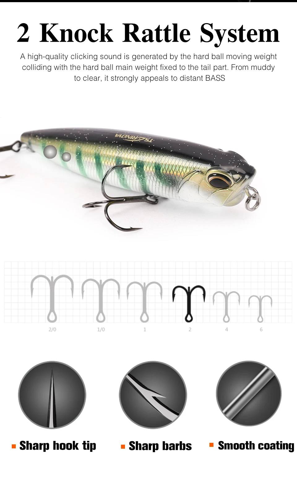 Un señuelo de pesca con un gancho y un sistema de sonajeros de 2 golpes