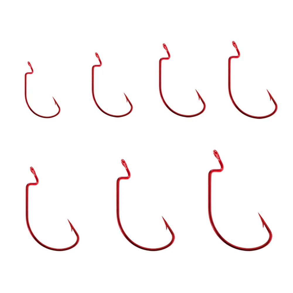 50 unids/caja anzuelo de pesca compensado de manivela ancha anzuelo de púas rojas de acero al carbono para señuelo de gusano suave 2 # -3/0 #   Anzuelos para aparejos de pesca de carpa - imagen 2