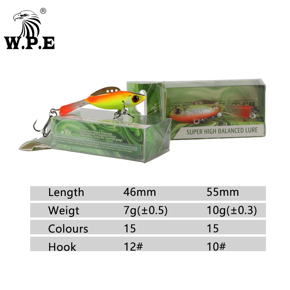 W.P.E-señuelo de Pesca de hielo para invierno, 1 unidad, 46mm/55mm, 7,2g/10g, señuelo duro, equilibrador de 15 colores, aparejos de Pesca Jigging de plomo