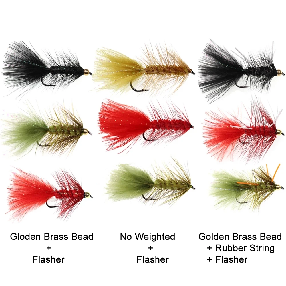 Bimoo 30 unids/caja Kit de Señuelos de Pesca con mosca cabeza de cuentas de latón lanoso Bugger serpentinas mosca Lucio lubina Arco Iris trucha señuelo de pesca cebo - imagen 5