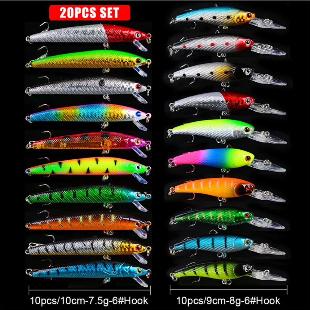 20 unids/lote Minnow Señuelos de Pesca Set lubina agua salada fresca flotante ojos 3D Wobbler aparejos cebo duro Crankbait Pesca Kit set - imagen 2