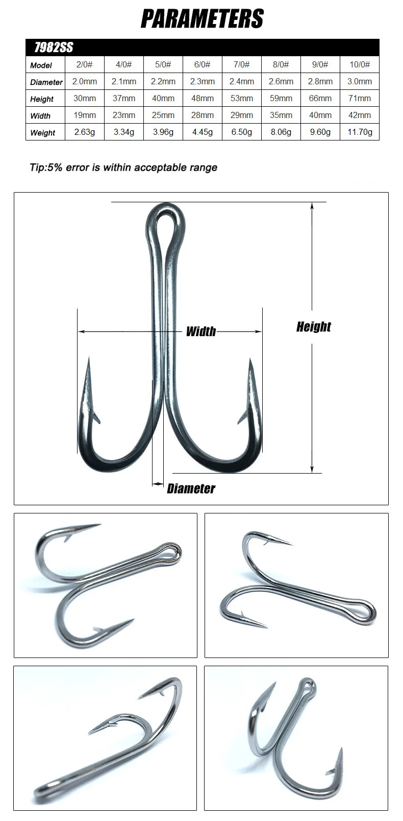 DORISEA-anzuelo de pesca doble, 7982SS, 2/0-10/0, 90 grados, Rana Rayo de acero inoxidable - imagen 4