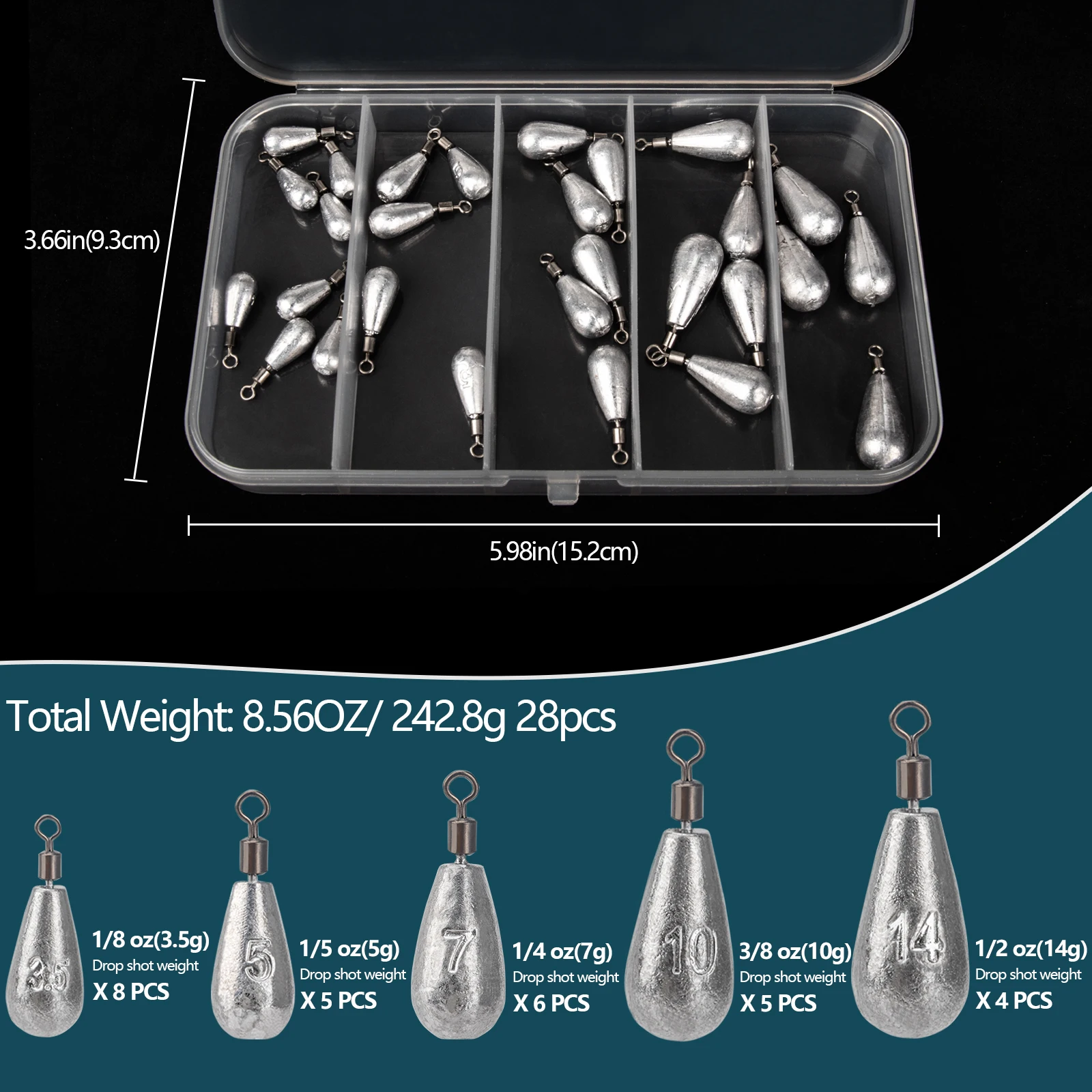 THKFISH-Kit de plomos de pesca, 28 Uds., 3,5g, 5g, 7g, 10g, 14g, juego de plomos de caída de agua, pesas de pesca de agua dulce, Dropshot - imagen 4