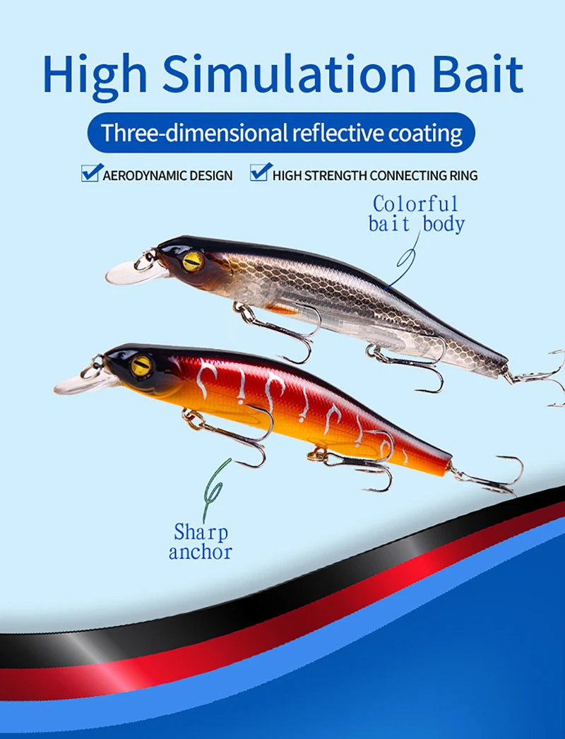 Experimente la emoción del cebo reflectante tridimensional de alta calidad con diseño aerodinámico y anclajes nítidos para una aventura de pesca inolvidable