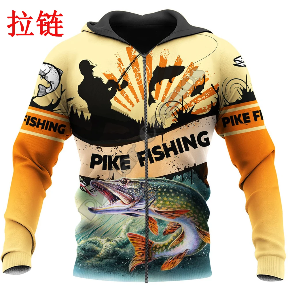 Hermoso Pike Fishing 3D completamente estampado Unisex Deluxe Sudadera con capucha hombres sudadera Zip pulóver chaqueta Casual chándal KJ311 - imagen 3