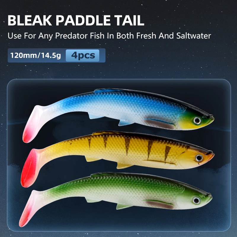 MEREDITH-SEÑUELOS blandos de pesca de 4,73 &quot;, cola de paleta, 14,5g, 4 piezas, 120mm, ojos 3D, cola en T, cebo Artificial, Señuelos de Pesca de Lucio de plástico - imagen 4