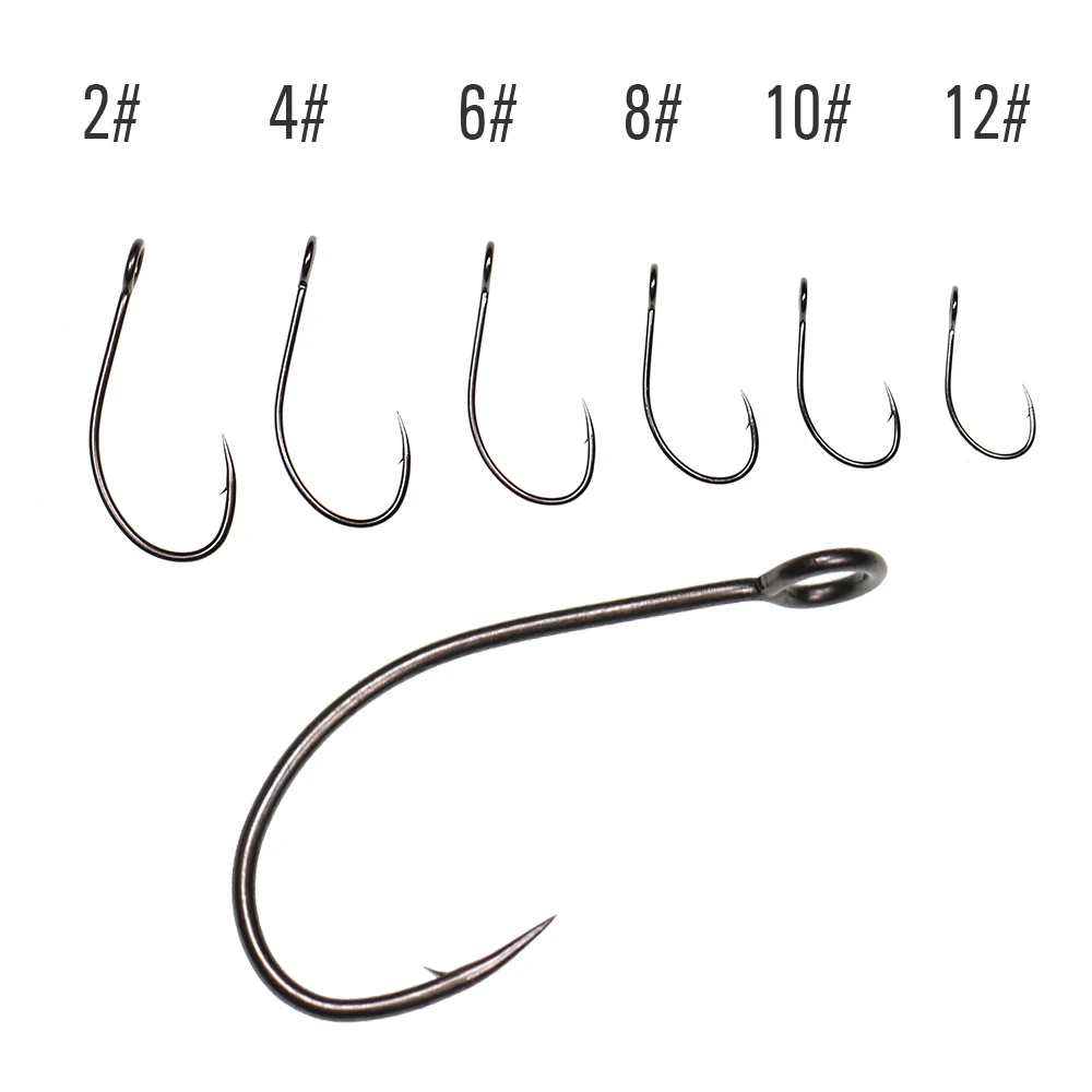 ICERIO100PCS-anzuelos de pesca con mosca, señuelo de acero con púas de alto carbono, de ojo grande, acabado en níquel negro