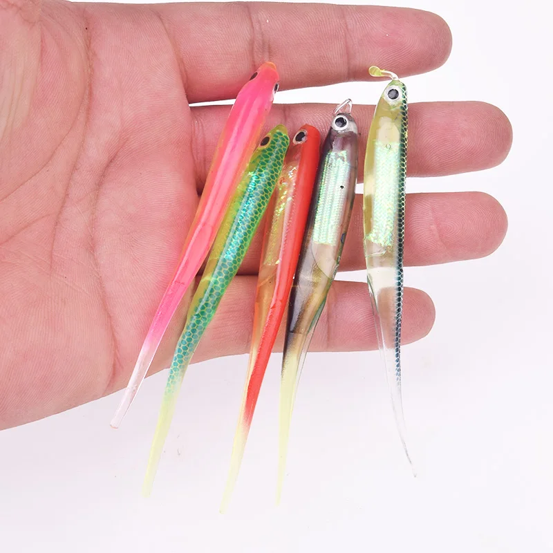5 unids/lote plantilla de pesca cabeza pez señuelo suave 10cm 3g Shad Bass Color arcoíris cebo de silicona Artificial lentejuelas Spinnerbait Swimbaits - imagen 4