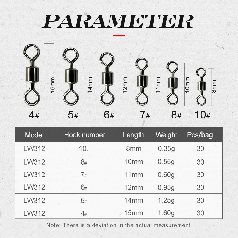 Hunthouse 30 piezas de pesca giratoria 4 #   5 #   6 #   7 #   8 #   10 #   Accesorios conector rodante de acero inoxidable Pike Fish señuelo herramienta aparejos - imagen 2