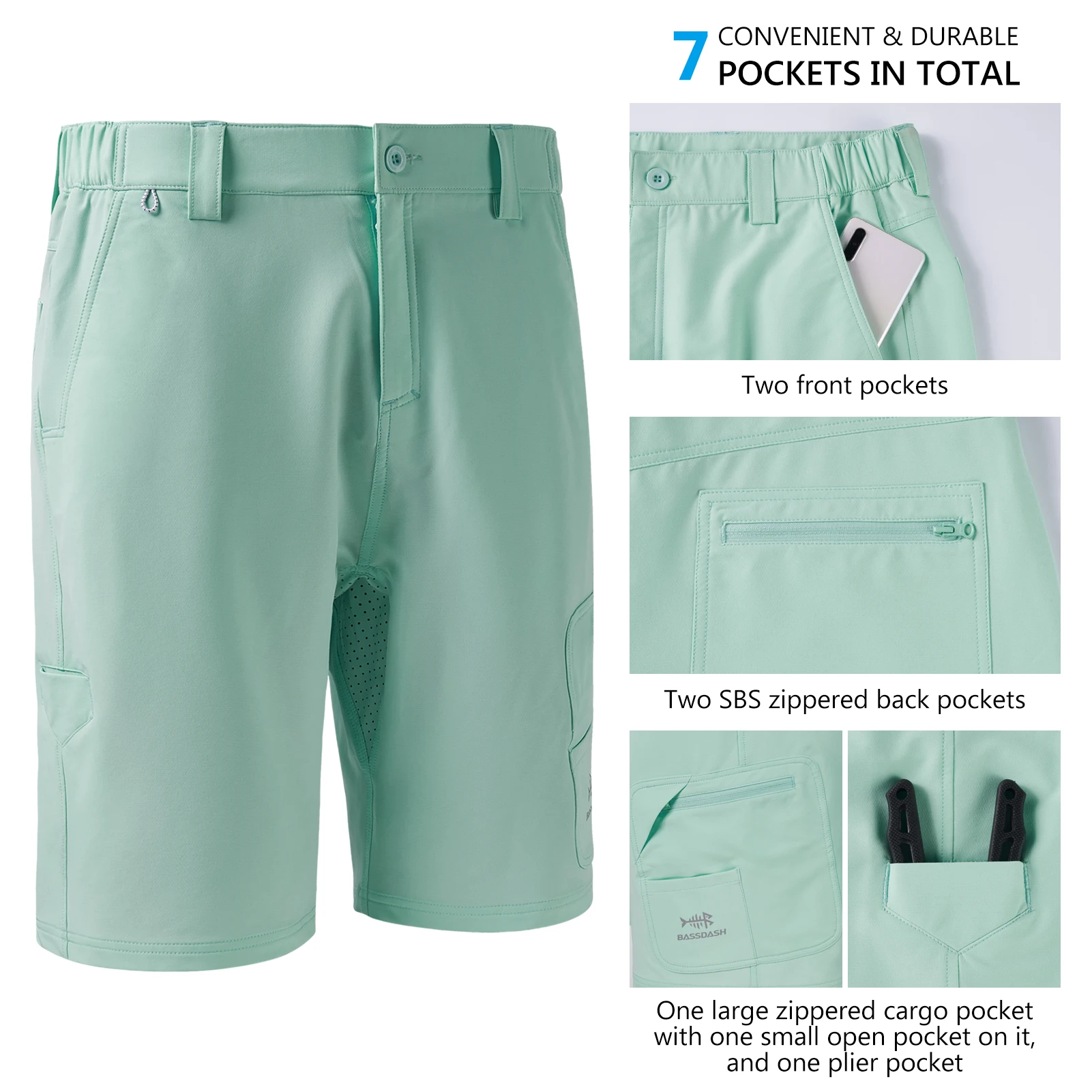Bassdash FP01M 26,67 cm Inseam pantalones cortos de carga de pesca para hombre, secado rápido UPF 50 + resistente al agua