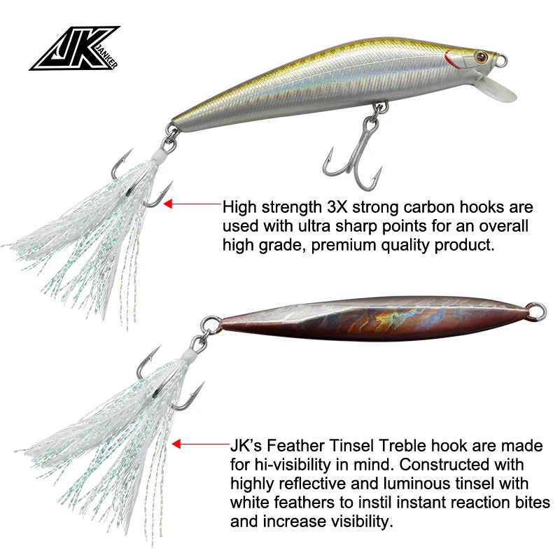 JK-JSF-WHL de pesca con pluma, gancho Tweeter de alambre de Metal, súper antioxidante, gancho de pesca con tres anclajes, suministros de pesca, nuevo - imagen 5