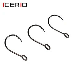 ICERIO100PCS-anzuelos de pesca con mosca, señuelo de acero con púas de alto carbono, de ojo grande, acabado en níquel negro