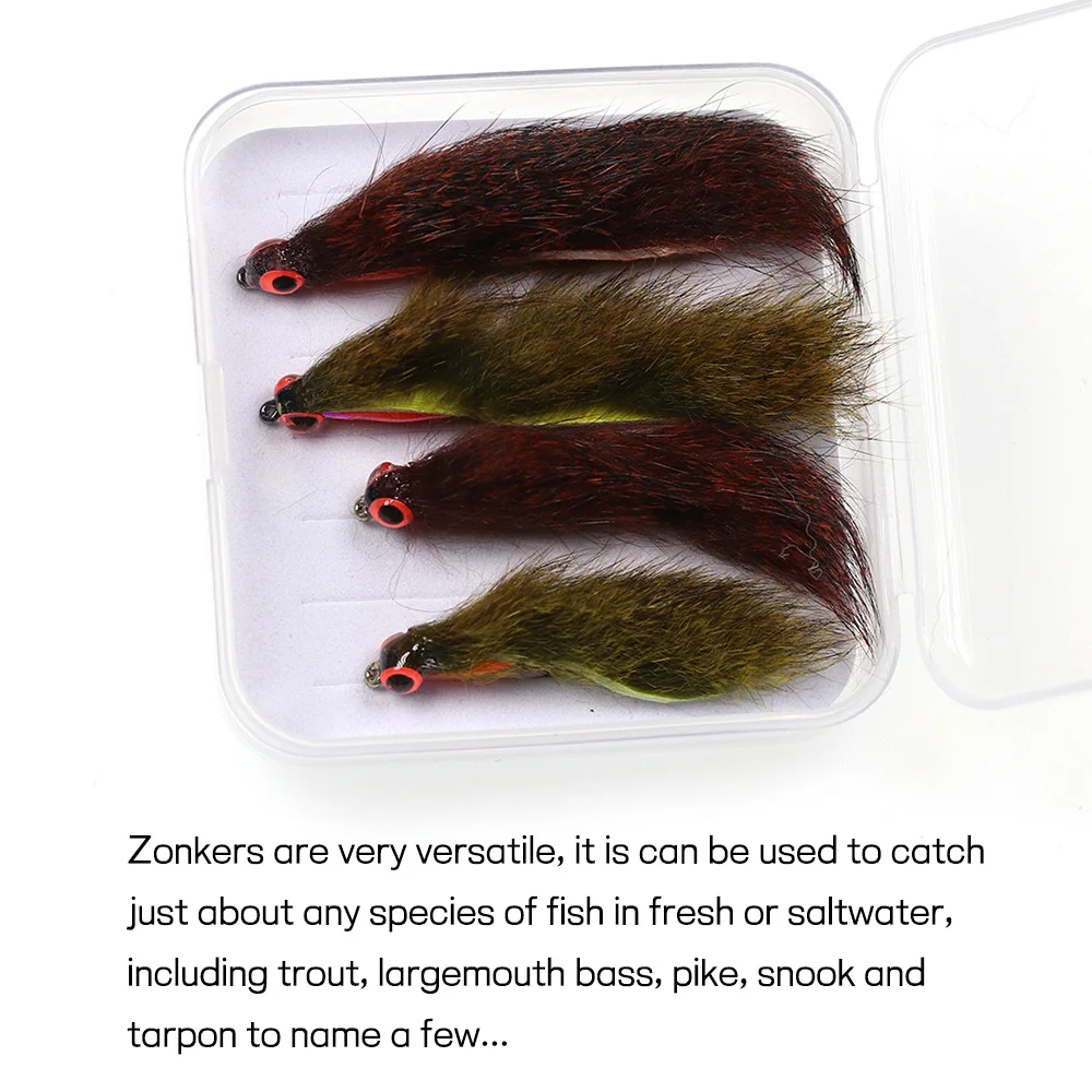 Bimoo 4PCS # 6 # 8 oliva/rojo-marrón ardilla tira Zonker serpentinas mosca con ojos de pez luminosos 3D trucha Lucio lubina señuelo de pesca cebo - imagen 4