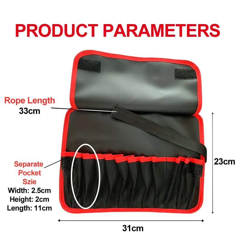 Un producto con una etiqueta PARÁMETROS DEL PRODUCTO en la parte superior. El producto parece ser una bolsa o un bolso pequeño con cierre de cremallera. Tiene un exterior negro con un borde rojo alrededor de los bordes.