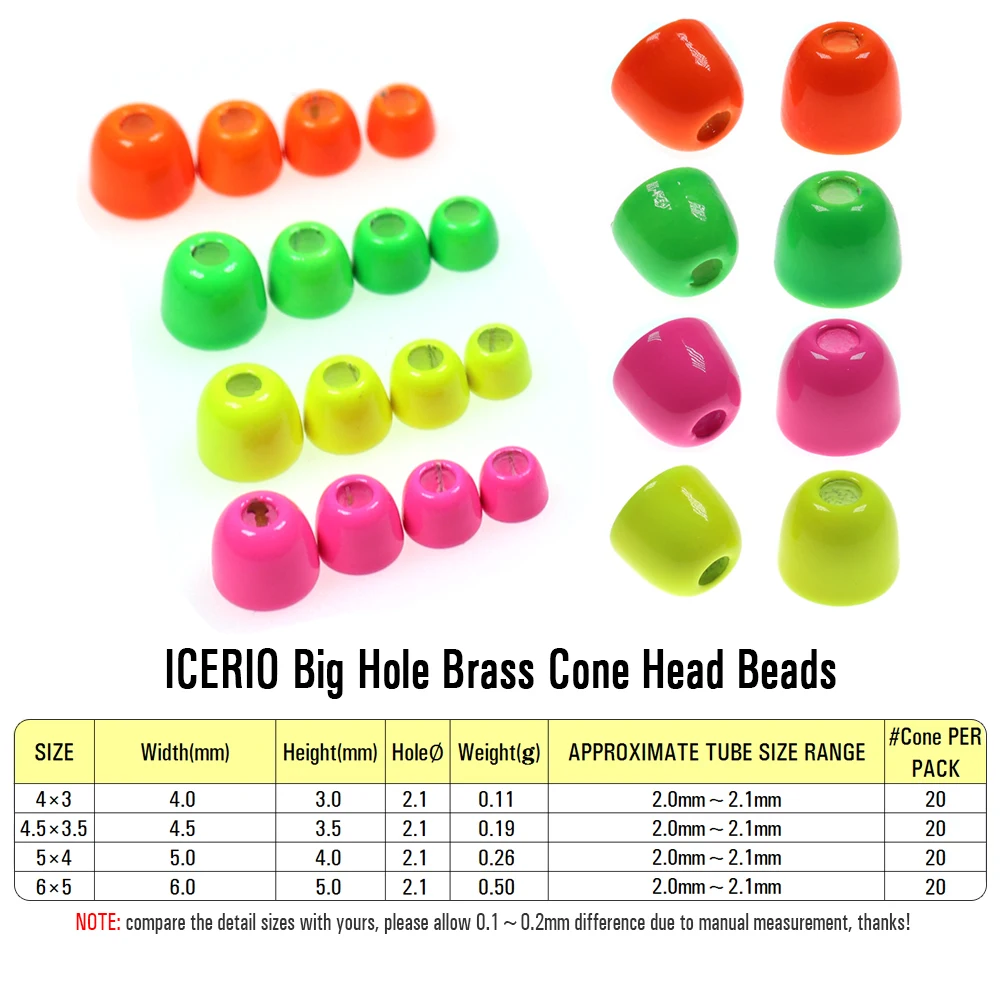 ICERIO 20 piezas UV latón cono cabeza cuentas tubo mosca lanosa Bugger serpentinas ninfas trucha pesca señuelo atado Material