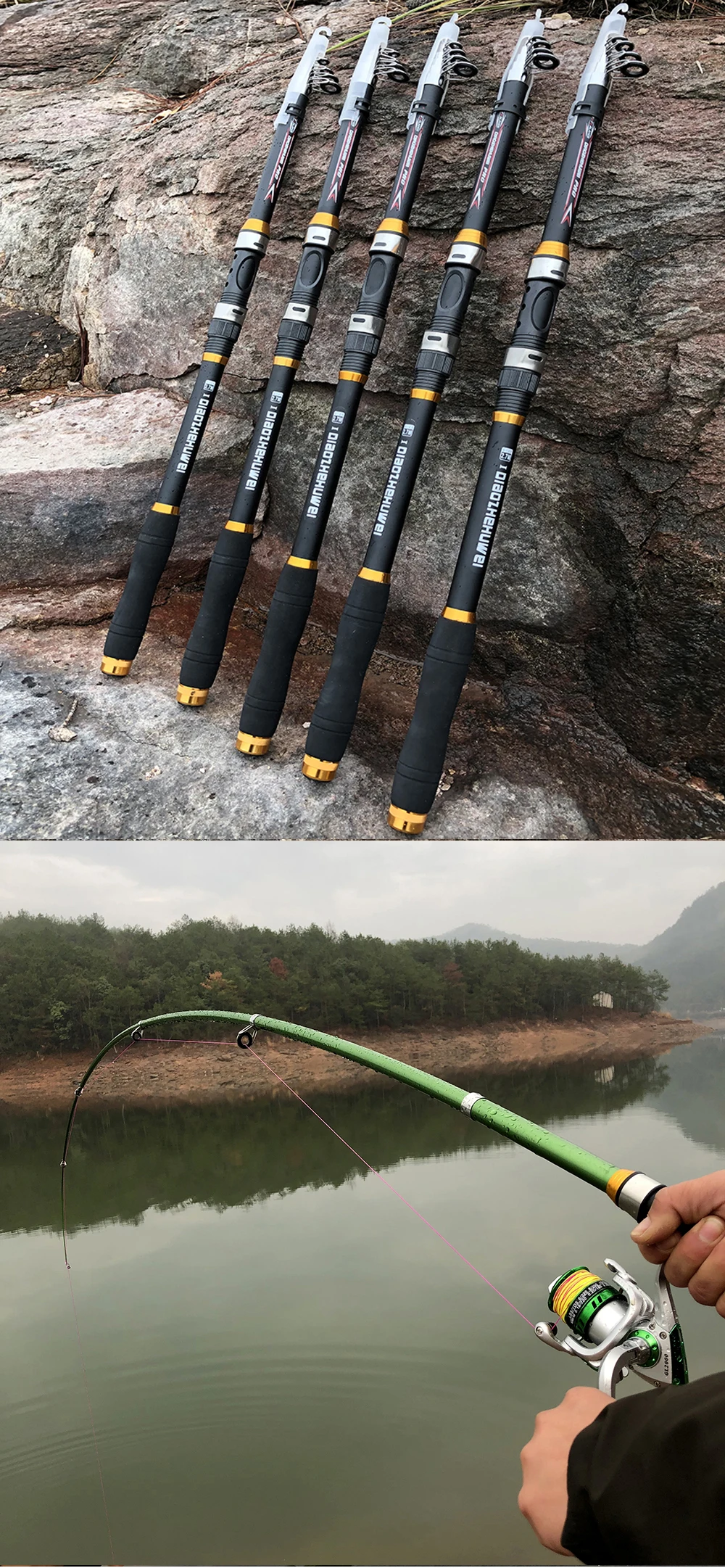 Dos escenas diferentes relacionadas con la pesca. En la mitad superior hay cinco cañas de pescar apoyadas contra una roca, con los mangos hacia arriba y las puntas hacia abajo. Las cañas tienen diferentes colores y diseños, lo que sugiere que están fabricadas por diferentes fabricantes o están destinadas a diferentes estilos de pesca.