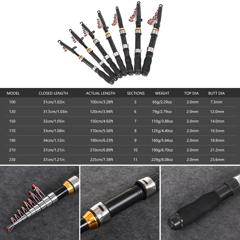 Mini caña de pescar de mar ultracorta para señuelo, vara de hielo de bolsillo telescópica de 1M-2,3 M para viaje, agua salada y dulce - imagen 2