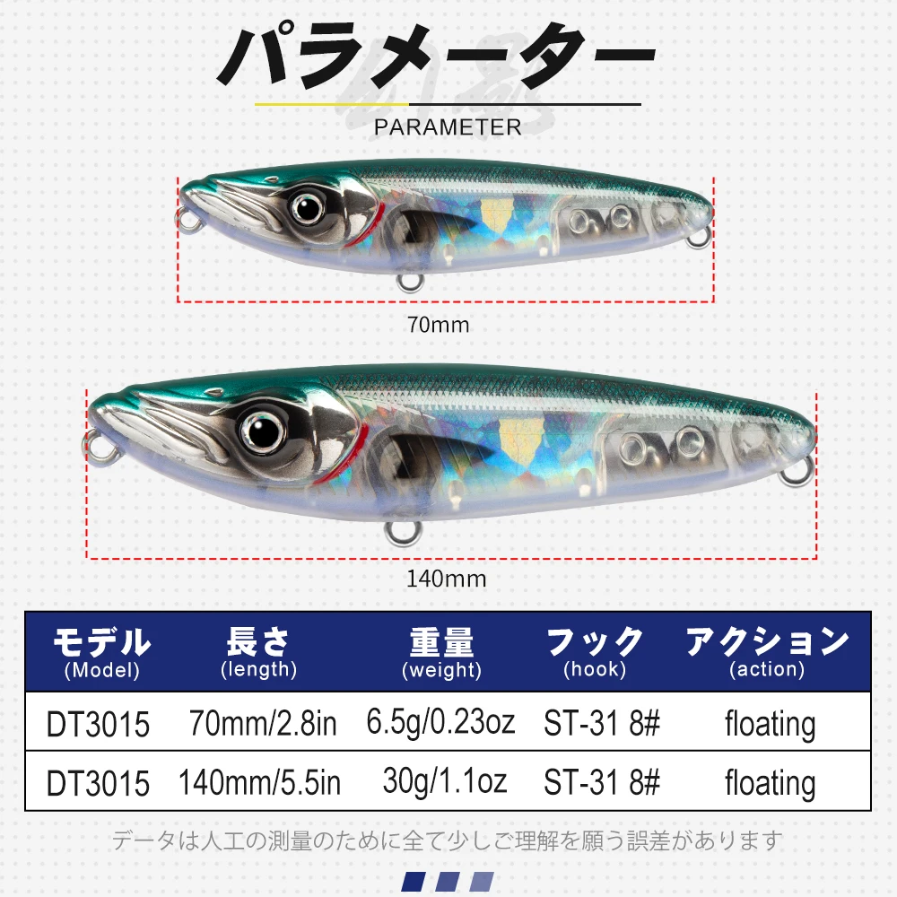 Señuelo de superficie de pesca D1, 70mm, 6,5g/140mm, 31g, cebo duro Artificial WTD Stickbait para caminar al perro para lubina, Lucio, aparejos Pecsa 2022 - imagen 3