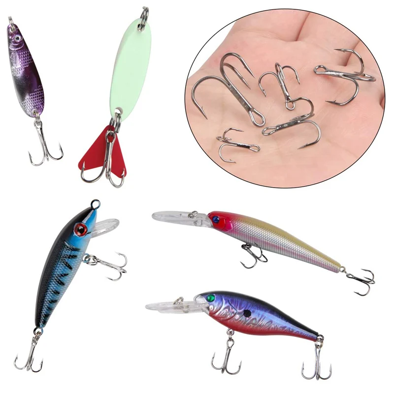 Anzuelos triples de pesca de acero con alto contenido de carbono, anzuelos de pesca de curva redonda, anzuelo triple fuerte de lubina de agua salada 4 #6 #8 #10 #12 #, 120 unids/caja - imagen 4