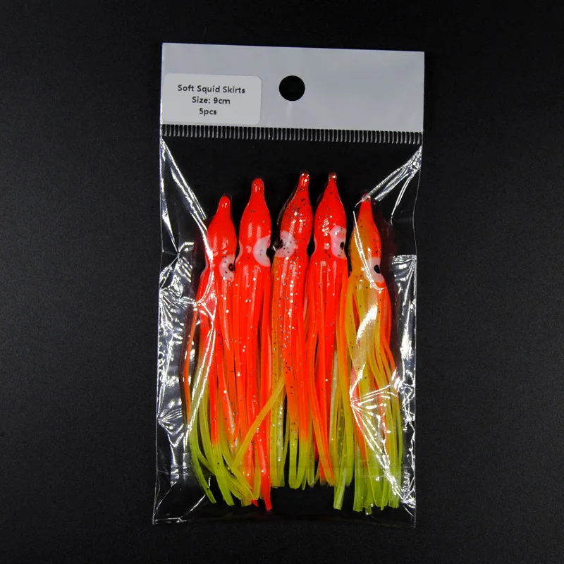 Bimoo-faldas de calamar suaves para pesca en agua salada, 2 bolsas = 10 piezas, 9cm, naranja, rojo, azul, luminoso en la oscuridad, plástico, pulpo, señuelos - imagen 4