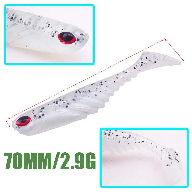 Señuelo suave para sábalo de Pesca, cebo Artificial de silicona, ojos 3D, 7cm, 2,9g, aparejos de cola en T, 5 unids/lote