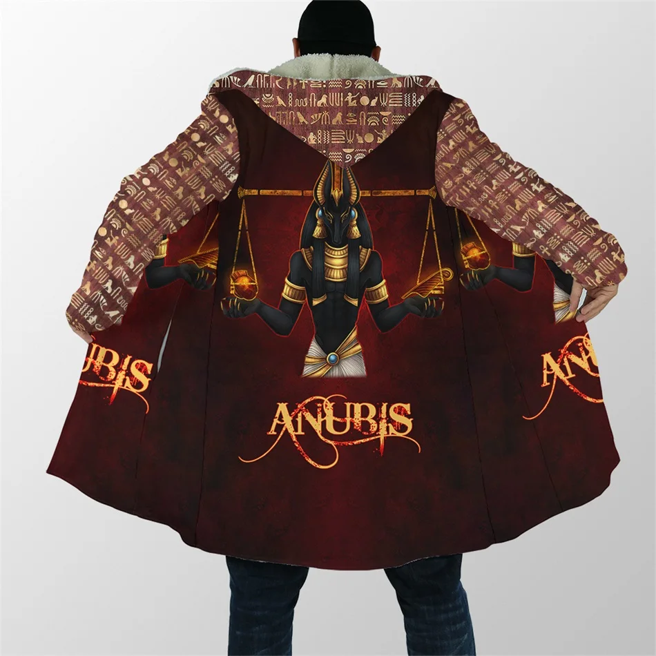 2025 capa de invierno para hombre, faraón del Antiguo Egipto, cara de Anubis, estampado 3D, Abrigo con capucha de lana gruesa, capa cálida informal Unisex DP14 - imagen 5