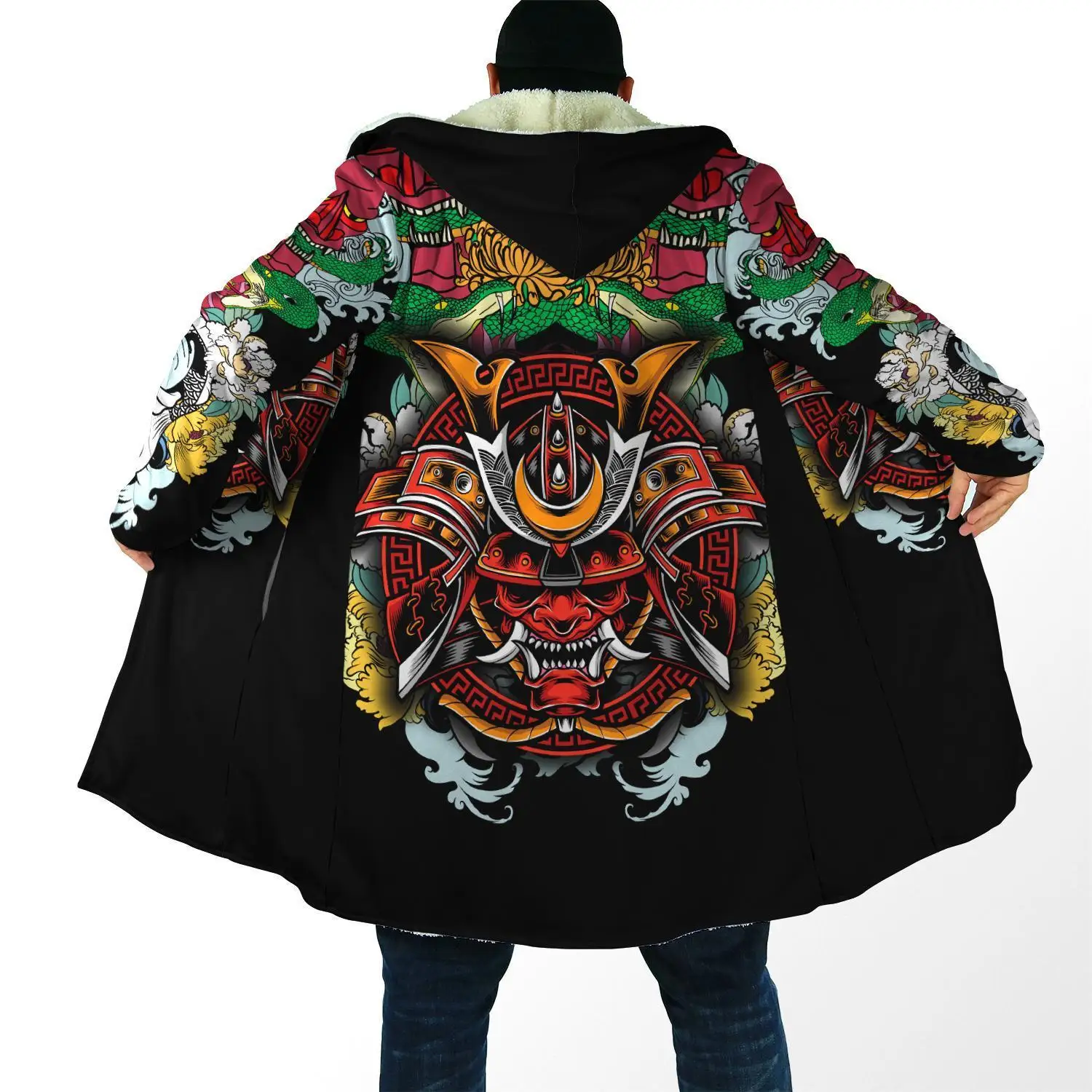 Capa de moda de invierno para hombre, máscara de Samurai Oni, tatuaje, estampado 3D, capa con capucha de lana gruesa, capa cálida informal Unisex DP08 2024 - imagen 2