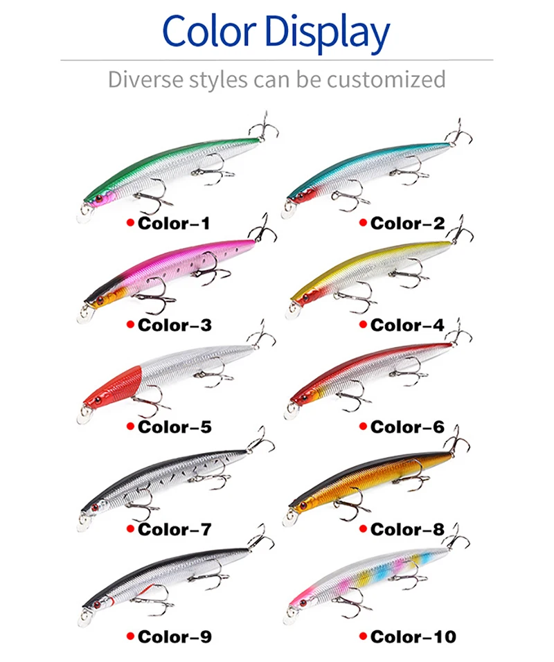 Explore diversos diseños de señuelos de pesca con opciones de color personalizables
