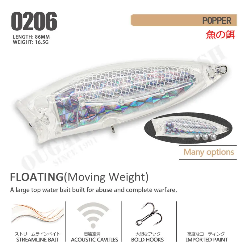 Poppers-señuelo de pesca flotante, 86mm, 16,5g, ABS, transparente, sin pintar, Wobblers, Peche Accessoire, Pike Isca Artificial Angeln - imagen 2
