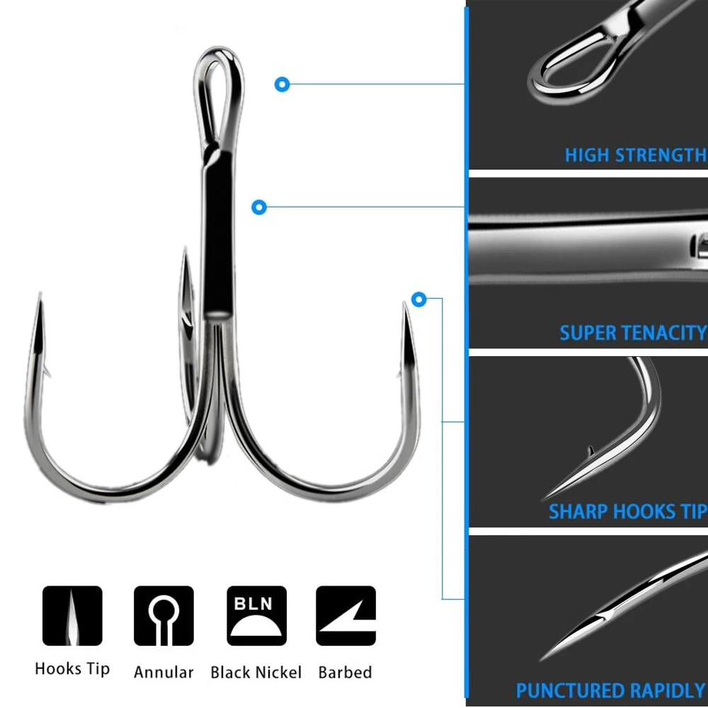 20 unids/lote anzuelo de pesca 2/4/6/8/10/12 #   Herramienta de anzuelos triples negros de acero rico en carbono, gancho curvo redondo para accesorios de aparejos de carpa bajo - imagen 5