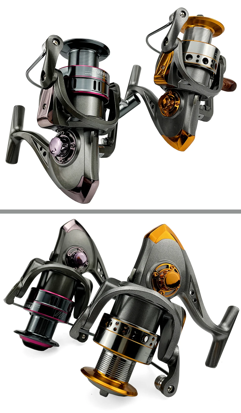 Dos tipos diferentes de carretes de pesca. El carrete superior parece ser un carrete giratorio, que se usa comúnmente para lanzar señuelos y recuperar peces. El carrete inferior es un carrete de baitcasting, que se utiliza para lanzar señuelos más pesados ​​y, a menudo, es el preferido por los pescadores por su precisión y control.