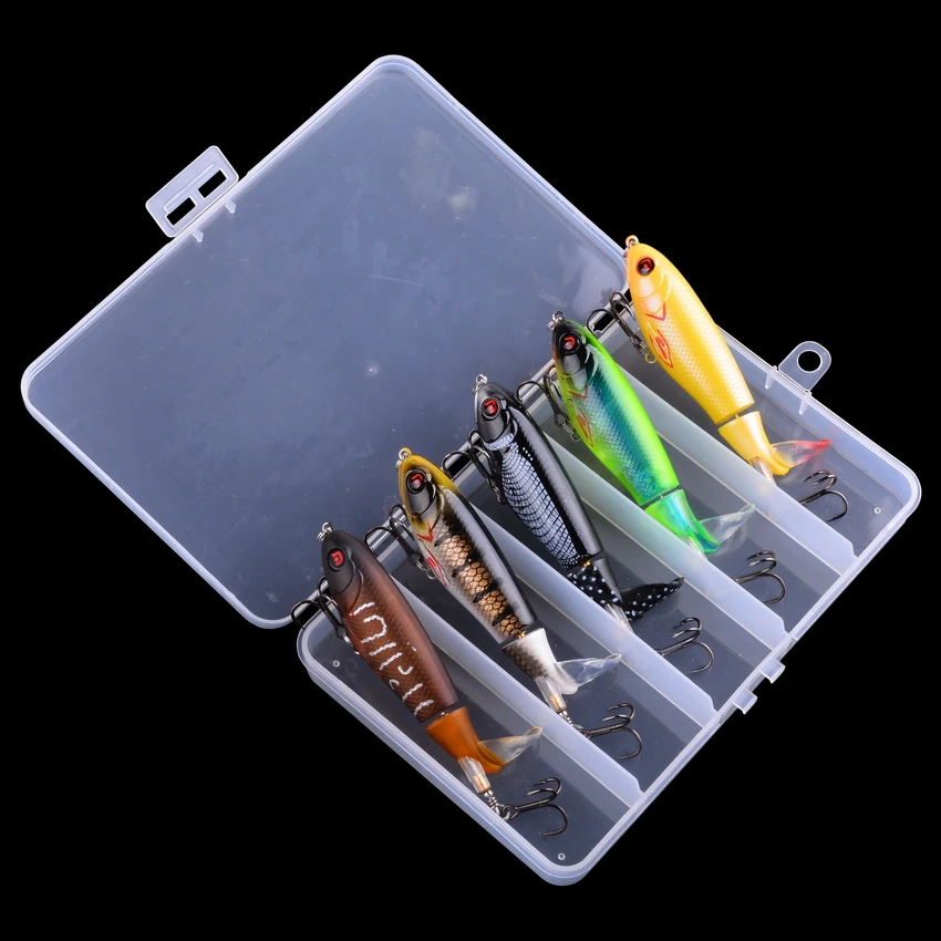 5 unids/caja 100mm flotante Popper juego de Señuelos de Pesca cebo duro Artificial señuelos cola giratoria suave caja de aparejos de pesca - imagen 3