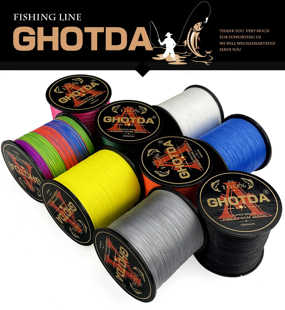 Una colección de carretes de hilo de pescar. Cada carrete tiene una etiqueta con la marca GHOTDA y varios colores de hilo de pescar enrollados. Los colores incluyen amarillo, verde, azul, negro y plateado.