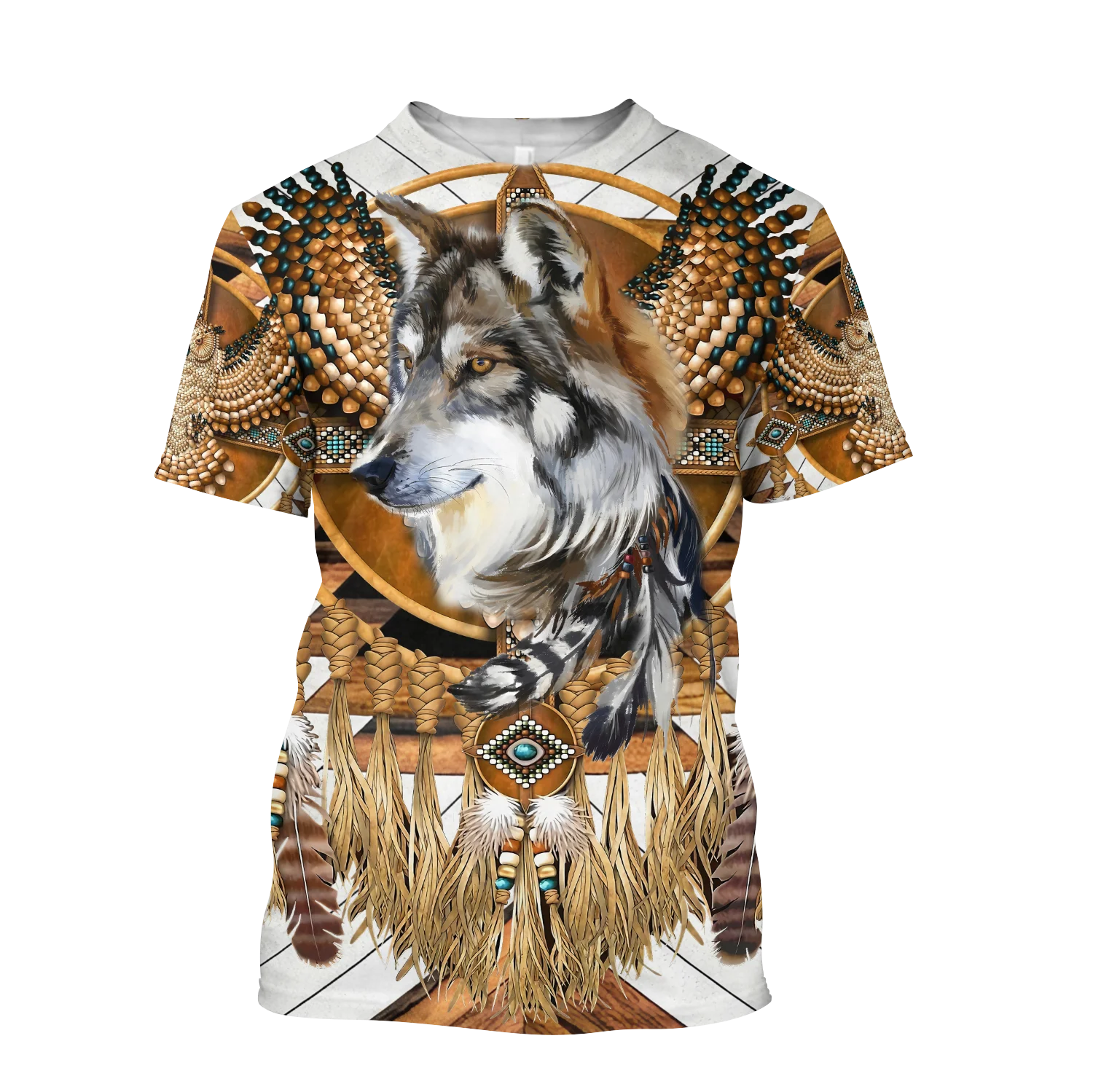 Camiseta Harajuku hombre/unisex – Estampado lobo nativo manga corta