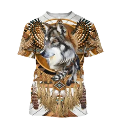 Camiseta Harajuku hombre/unisex – Estampado lobo nativo manga corta
