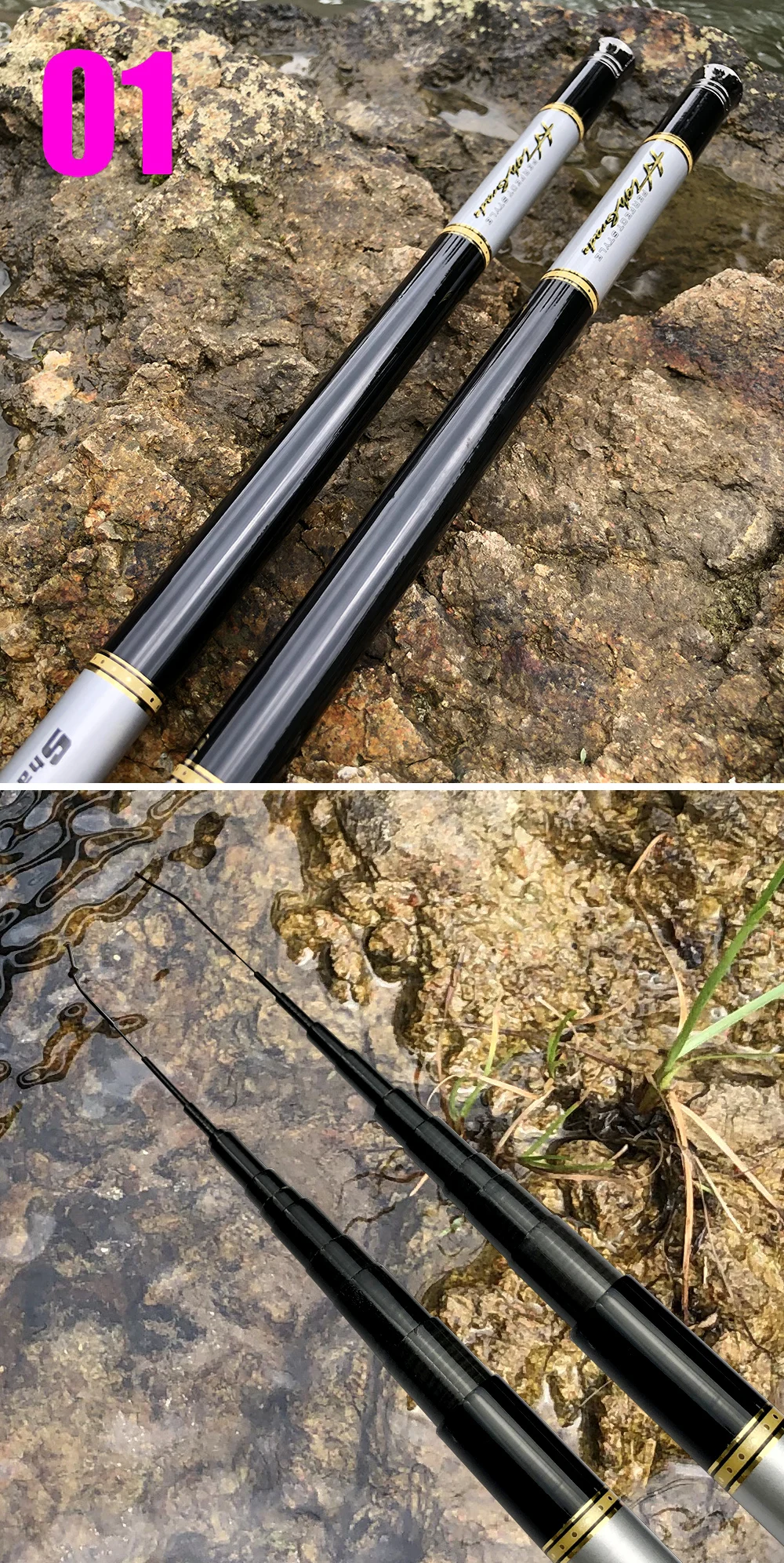Dos cañas de pescar sobre una superficie rocosa cerca de un cuerpo de agua. Las varillas son alargadas y parecen tener un diseño similar, con acabados en negro y plateado. El agua al fondo tiene una superficie reflectante, lo que sugiere que podría ser un lago o un río en calma.