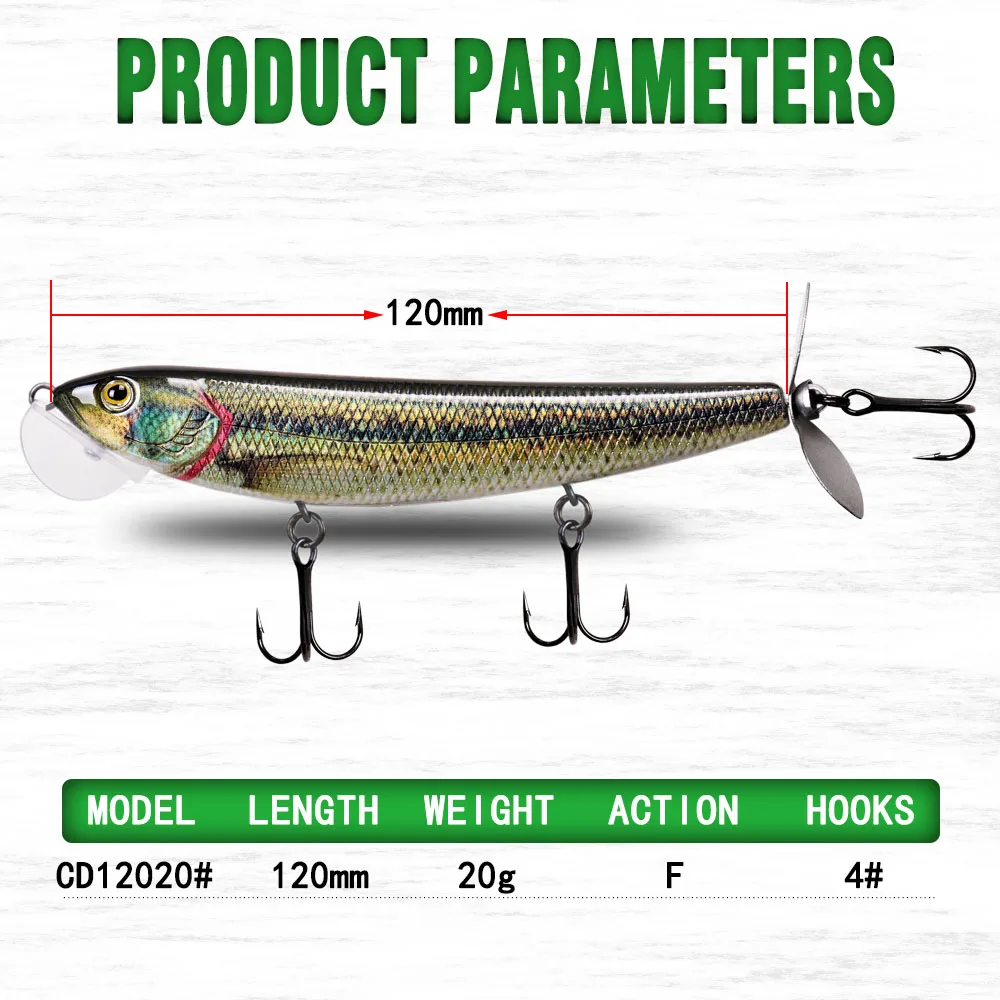 Señuelo CF 120mm 4,7 '20g 5 colores flotante Topwater lápiz señuelo de pesca de lubina Jerk Bait tornillo cola - imagen 3