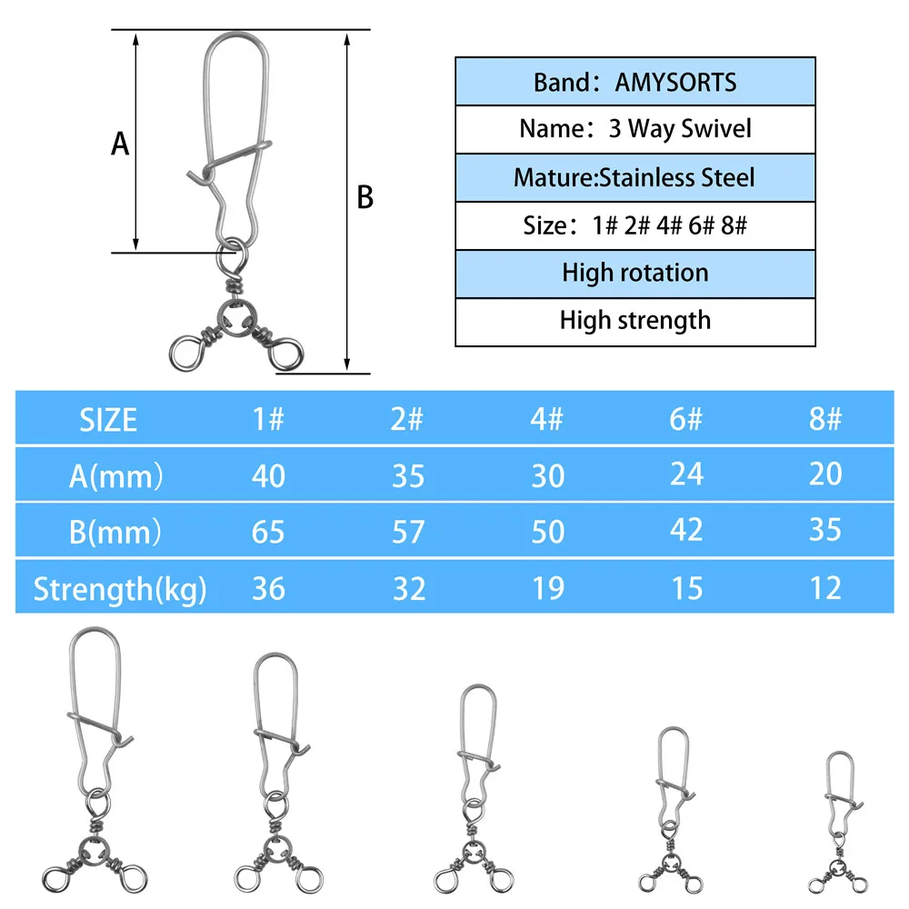 60Pcs/box 3 Way Fishing Connector Crossline Trigeminal Swivel with Stainless steel Nice Snaps Tackle Fishing Lure Accessories - imagen 3
