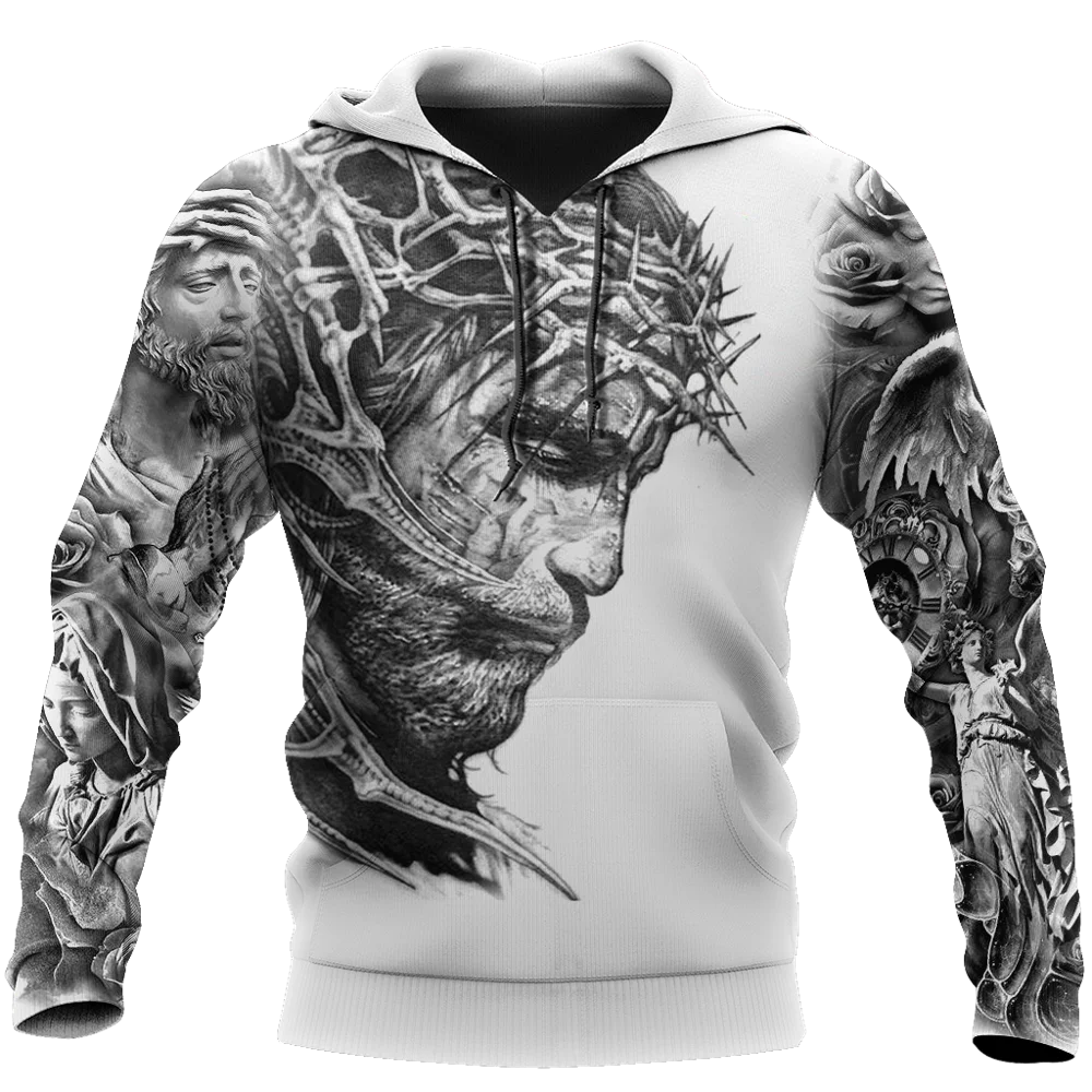 Sudadera con capucha de moda de marca con estampado 3D de tatuaje de Jesús para hombre, Sudadera con capucha con cremallera, ropa de calle Harajuku, chaqueta informal Unisex, chándales KJ0155