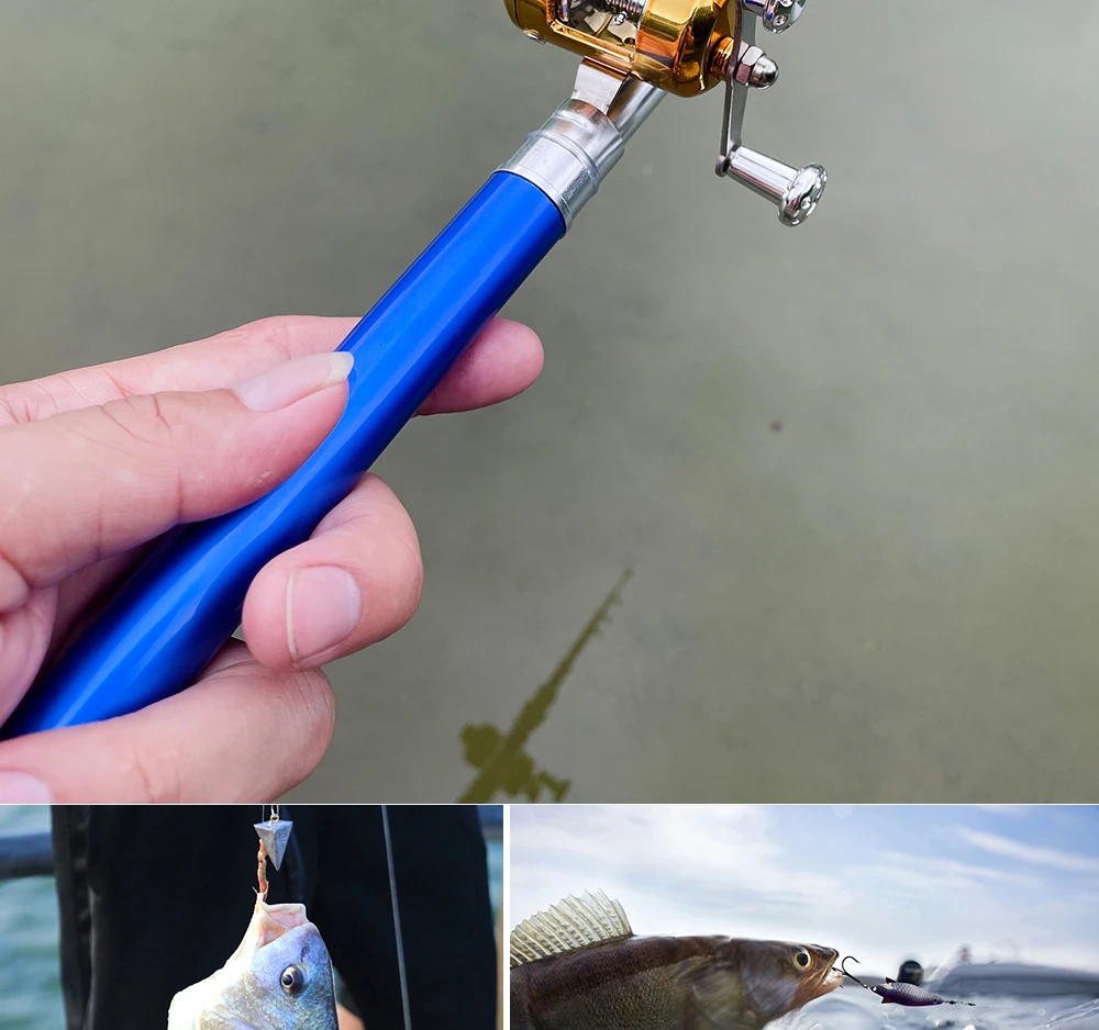 Una persona que sostiene una caña de pescar con un señuelo sujeto al sedal. El señuelo es un tipo de cebo artificial que se utiliza para atraer peces. Debajo de la caña de pescar hay dos imágenes adicionales:

1