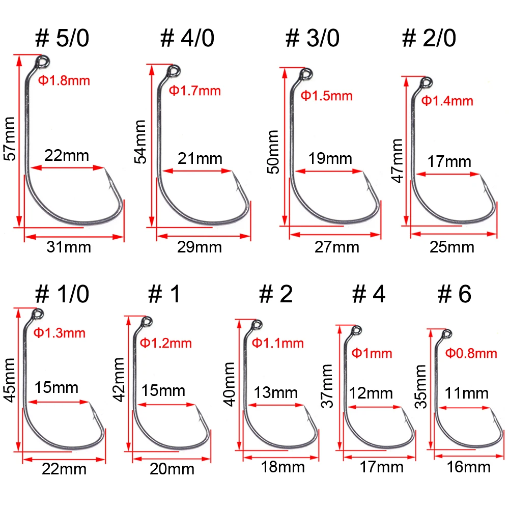 Elllv 50 Uds Caroline Taxas Rig anzuelos de acero rico en carbono anzuelo de gusano en línea vástago largo anzuelo de pesca de lubina de espacio ancho # 6- # 5/0 - imagen 3