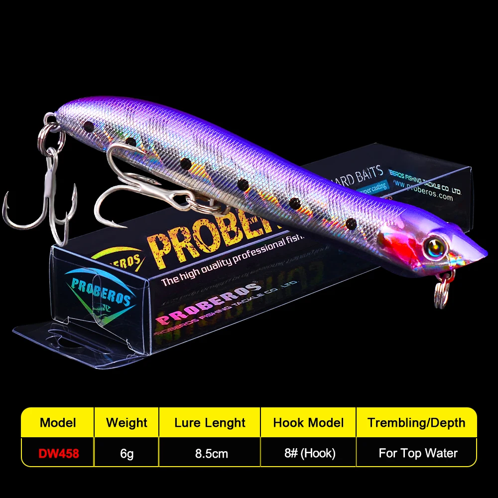 PROBEROS-Señuelos de Pesca Popper, cebos de lubina de 9 colores, 0,21 oz-6g, alta calidad, 8,35 cm, aparejos de pesca, 8 # BKB, anzuelo - imagen 2
