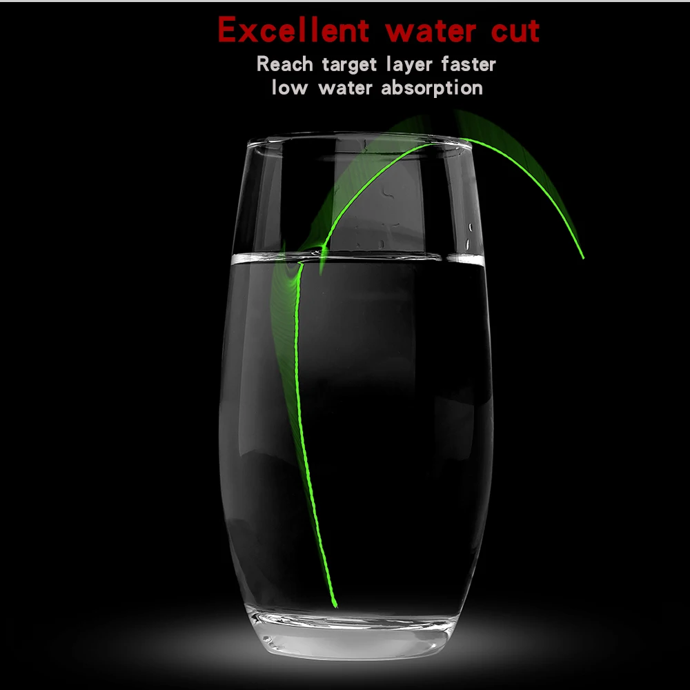 Un vaso de agua con una línea ondulada verde que emana de la superficie del agua. La línea parece ser una representación visual del concepto de corte de agua, que probablemente se refiere a un proceso o producto diseñado para reducir el uso de agua o mejorar la eficiencia del agua.