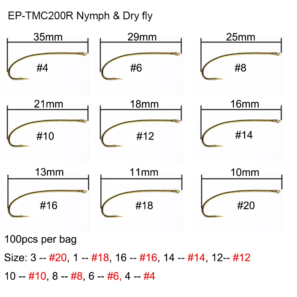 Eupheng-anzuelos de pesca con mosca seca, Combo de alambre estándar 3X de ojo largo y recto, punto semicaído, forjado, EP-TMC200R, 100 Uds. - imagen 2