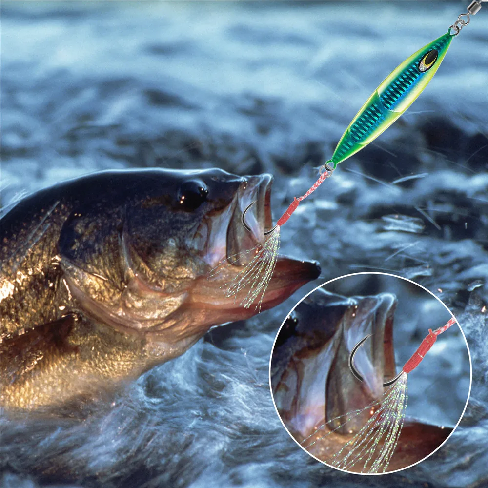 100 unids/caja anzuelo de asistencia de plantilla fundida señuelo de Jigging lento anzuelos de pesca de lubina anzuelo de púas atado anzuelo con pluma anzuelo de pesca de mar - imagen 5