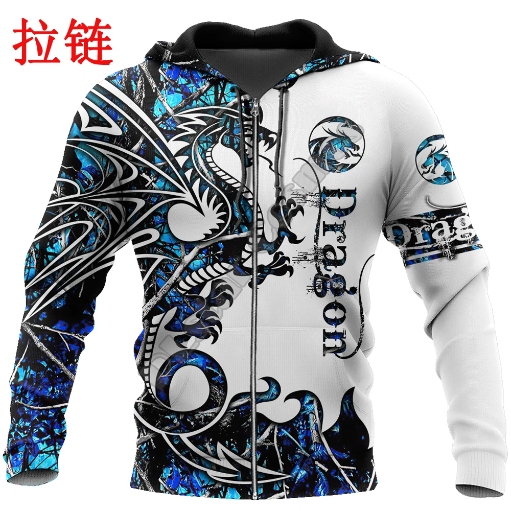 Hermoso tatuaje de dragón azul con estampado 3D para hombre, Sudadera con capucha Unisex de otoño e invierno, jersey con cremallera, ropa de calle informal KJ431 - imagen 5