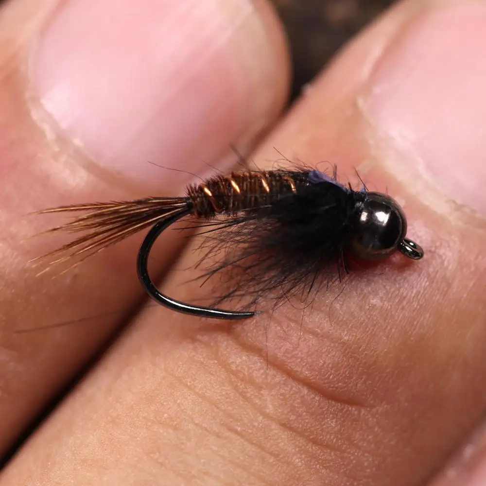 Bimoo 6PCS # 8 # 10 # 12 cabeza de cuentas de hundimiento rápido sin púas Flash trasero cola de faisán pesca de ninfa húmeda mosca trucha Panfish señuelo cebo - imagen 5
