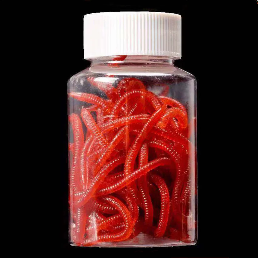 Señuelo suave de gusano rojo para pesca, cebo Artificial de silicona, olor a pescado, camarón, carpa, lubina, 50/100/200 piezas/botella - imagen 3