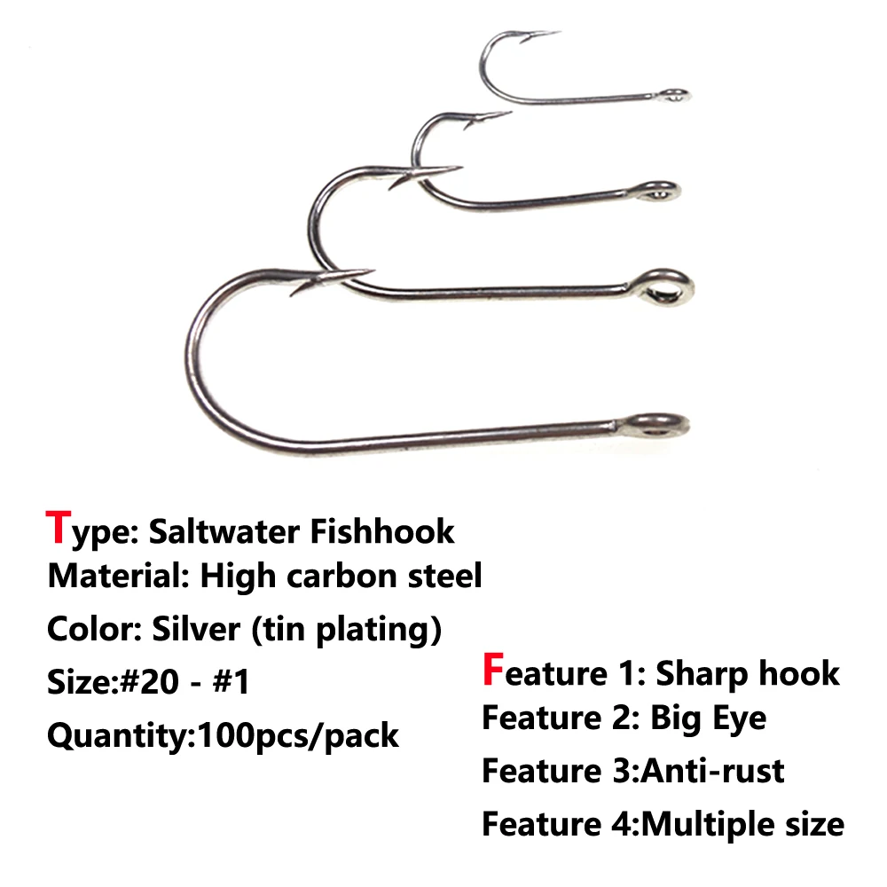 Anzuelos compensados de acero de alto carbono para pesca en agua salada, anzuelos con anillas, púas, antioxidante, 100 piezas, Kirby Sea, #1 - #20 - imagen 2