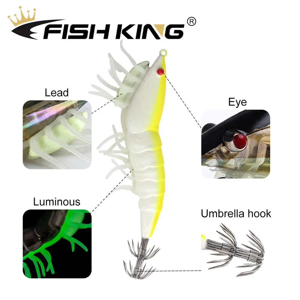 FISH KING-señuelos de calamar, plantilla de plomo 3,0 #3,5 #, cebo de camarón de madera de pulpo, anzuelo de calamar, Señuelos de Pesca luminosos de pie suave de alta calidad - imagen 3